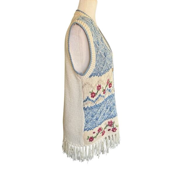 Margules Womens Vest Sweater Cardigan M Blue Knit Boho Fringes Grandmacore - Picture 6 of 10